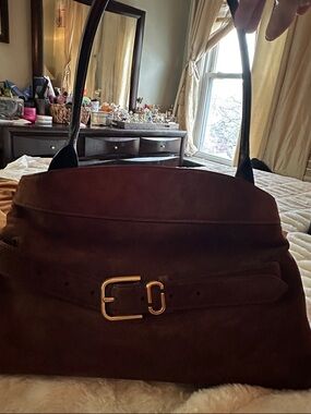 Marc Jacob’s Brown Suede Top-Handle Shoulder Bag with Gold Buckle